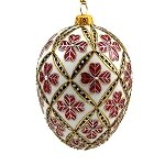 Faberge Inspired- Jeweled Egg Glass Ornament - Four Leaf Clover Red on White