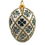 Faberge Inspired- Jeweled Egg Glass Ornament - Four Leaf Clover Green on White